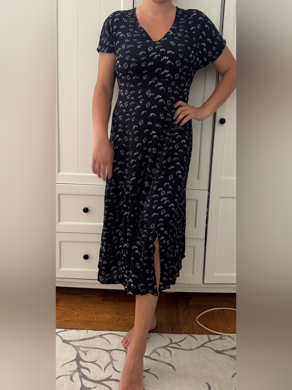 Lucky Brand Navy Floral V-Neck Midi Dress